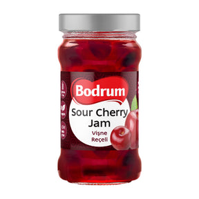 Jar of Bodrum Sour Cherry Jam on a white background