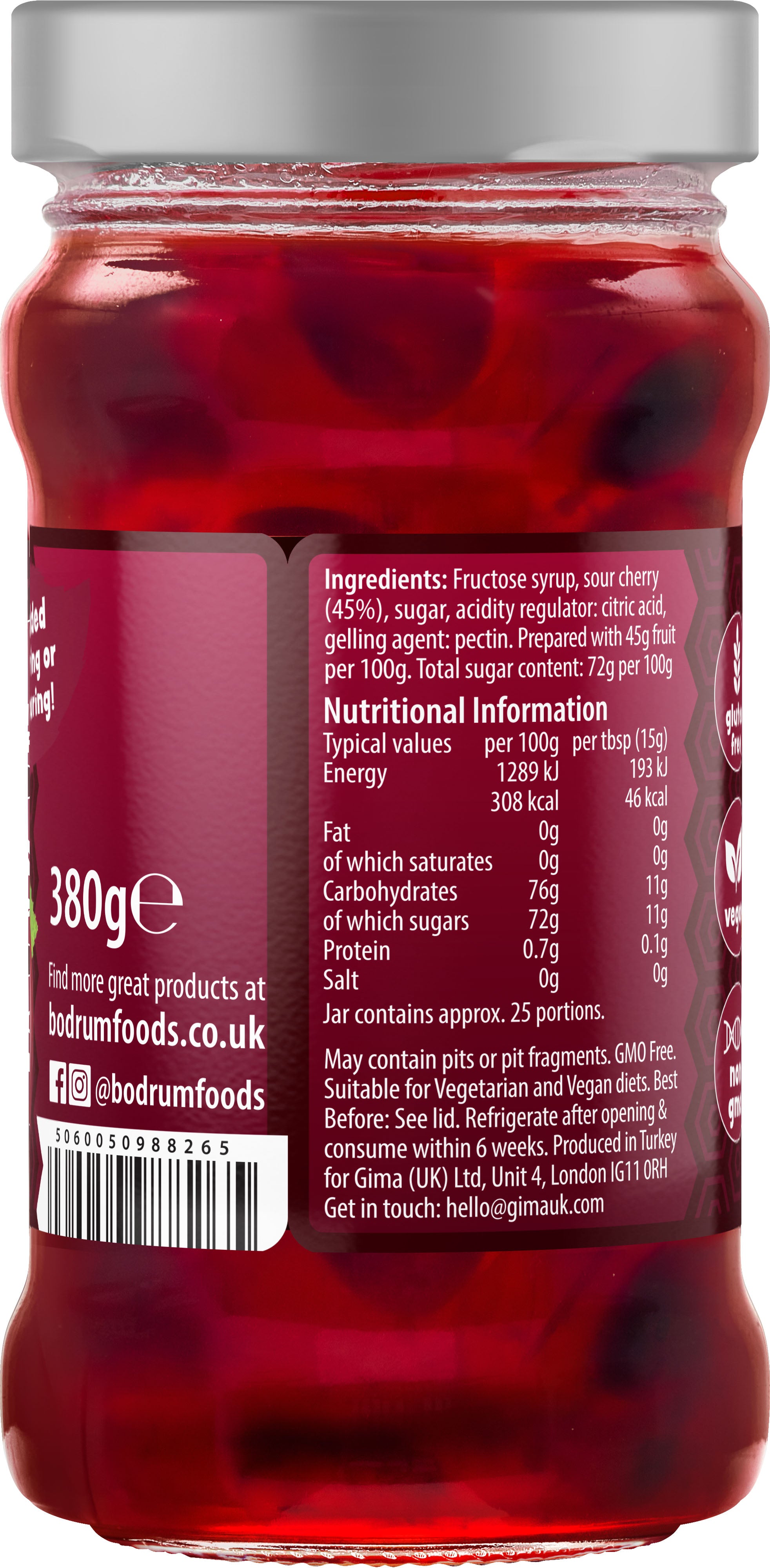 Bodrum Sour Cherry Jam 380g - Tangy & Sweet Fruit Spread
