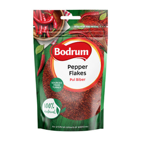 Packaging of Bodrum Pepper Flakes with red peppers on a white background