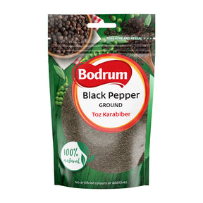Bodrum brand ground black pepper packaging on a white background