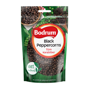 Packaging of Bodrum Black Peppercorns on a white background