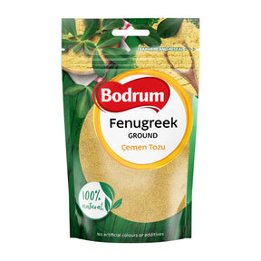 Bodrum fenugreek ground package with green leaves on a white background