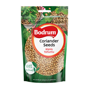 Packaging of Bodrum coriander seeds with green background