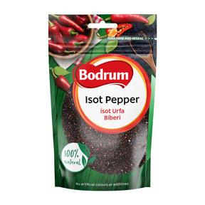 Bodrum Isot Pepper packaging with red peppers and green leaves on a white background