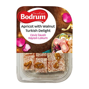 Bodrum apricot with walnut Turkish delight packaging on a white background