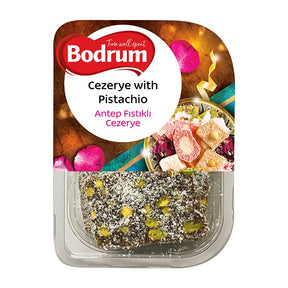 Packaged dessert with pistachio flavor, brand 'Bodrum' visible