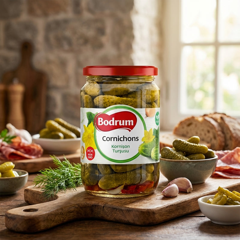 Jar of Bodrum Cornichons on a wooden cutting board with bread and pickles in the background.