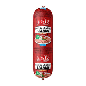 Melis beef and chicken salami package on a white background