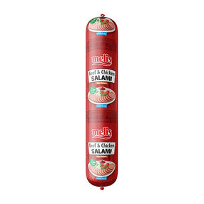 Red package of meli's Beef & Chicken Salami on a white background