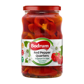 Jar of Bodrum Red Pepper Quarters on a white background