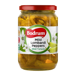 Jar of Bodrum Mild Lombardi Peppers on a white background