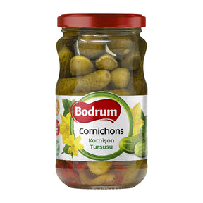 Jar of Bodrum Cornichons on a white background