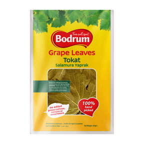 Bodrum Grape Leaves packaging with yellow background and green leaves.