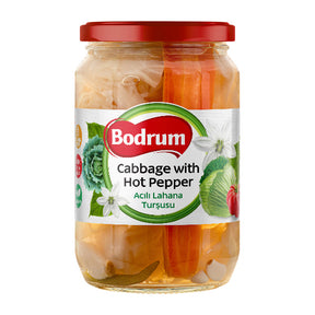 Jar of Bodrum cabbage with hot pepper on a white background