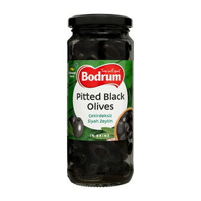 Jar of pitted black olives with Bodrum label on a white background