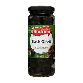 Jar of Bodrum Black Olives on a white background