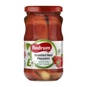 Jar of Bodrum roasted red peppers on a white background
