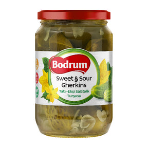 Jar of Bodrum Sweet & Sour Gherkins on a white background