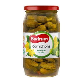 Jar of Bodrum Cornichons on a white background
