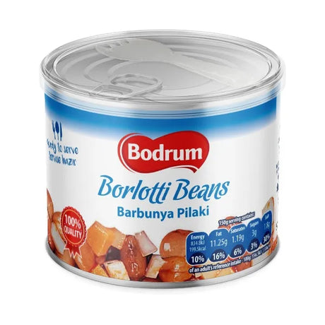 Can of Bodrum Borlotti Beans on a white background