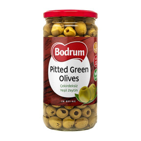 Jar of Bodrum pitted green olives on a white background