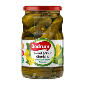 Jar of Bodrum Sweet & Sour Gherkins on a white background