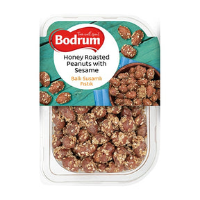 Packaged honey roasted peanuts with sesame from Bodrum on a white background