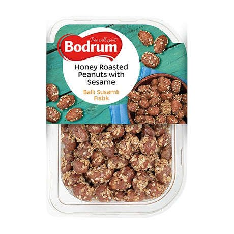 Packaged honey roasted peanuts with sesame from Bodrum on a white background