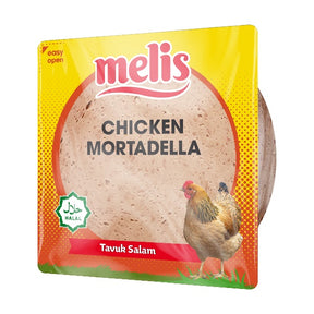 Packaged chicken mortadella with 'melis' branding on a yellow background