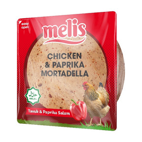 Packaged food item with 'melis' branding featuring a tortilla, chicken, and paprika on a red background.