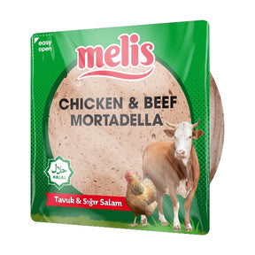 Packaged chicken and beef mortadella with 'melis' branding on a green background