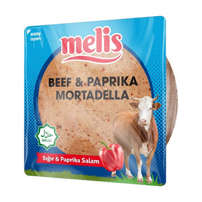 Packaged beef and paprika mortadella with a cow illustration on a blue background