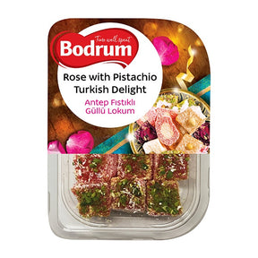 Bodrum Rose with Pistachio Turkish Delight packaging on a white background