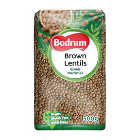 Bag of Bodrum brown lentils on a white background