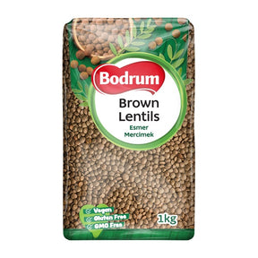 Bag of Bodrum brown lentils on a white background