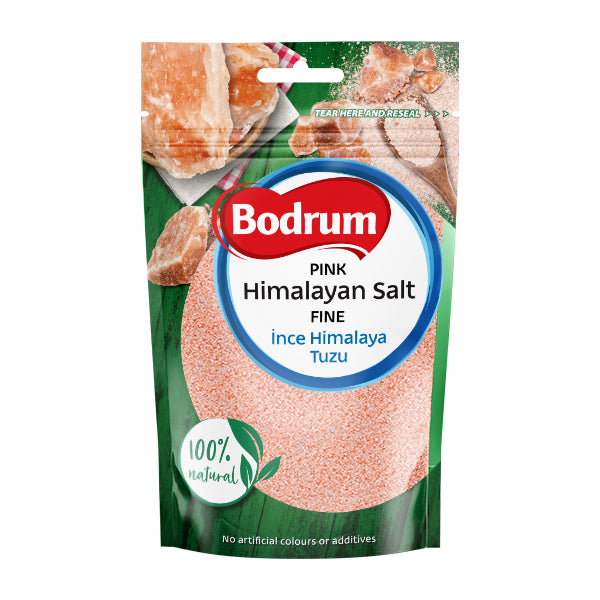 Bodrum Pink Himalayan Salt packaging with pink salt crystals on a green background