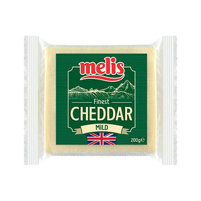 Packaged cheddar cheese with Melis branding on a white background