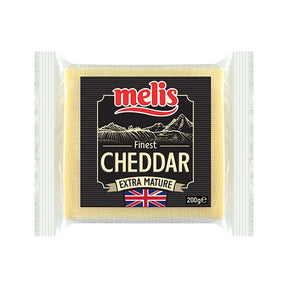 Packaged cheddar cheese with Melis branding on a white background