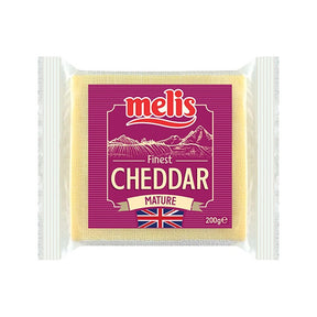 Packaged cheddar cheese with Melis branding on a white background