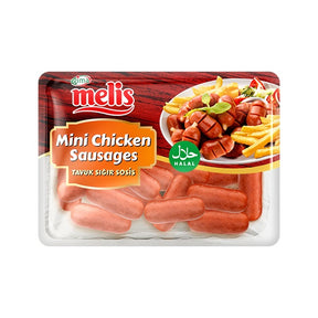 Packaged mini chicken sausages with Melis branding on a white background