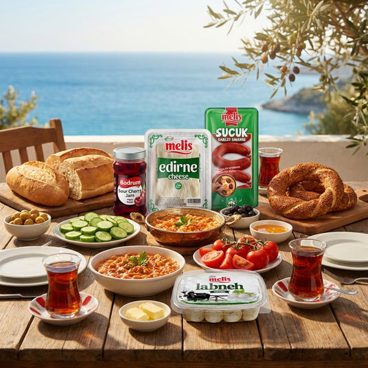 Table with Turkish food items and drinks by the sea