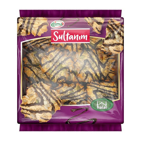Purple package of Sultanim snacks with visible brand logo and halal certification icon.