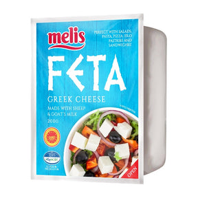 Packaging of melis Feta Greek Cheese with a salad image on a white background