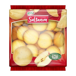 Packaged Sultanim apples with a red label on a white background