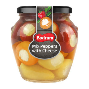 Jar of mixed peppers with cheese labeled 'Bodrum' on a white background