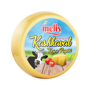 Round cheese wheel with 'Melis' label featuring a cow and cheese illustration on a white background