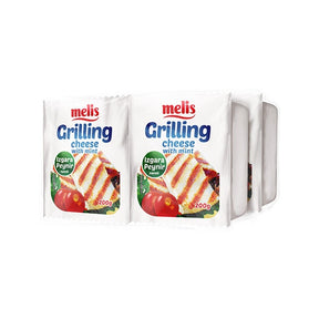 Two packages of melis grilling cheese with mint on a white background