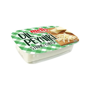 Packaged string cheese with green checkered lid on a white background