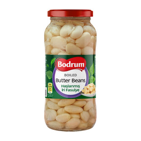 Jar of Bodrum boiled butter beans on a white background