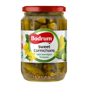 Jar of Bodrum Sweet Cornichons on a white background